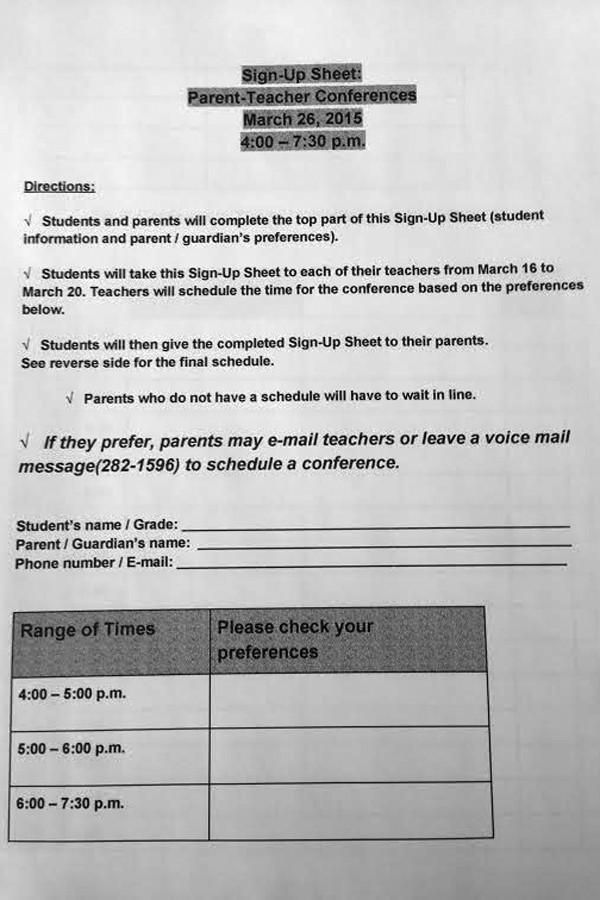 The parent-teacher conferences sign up sheet. 
